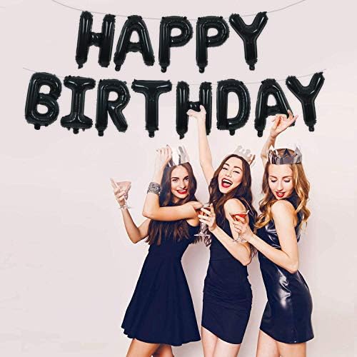 Black "Happy Birthday" Foil Letter Balloon Banner – 16 Inch Mylar Reusable Birthday Sign Bunting, Perfect for 30th, 40th, 50th, 60th Adults and Halloween Parties (Black)