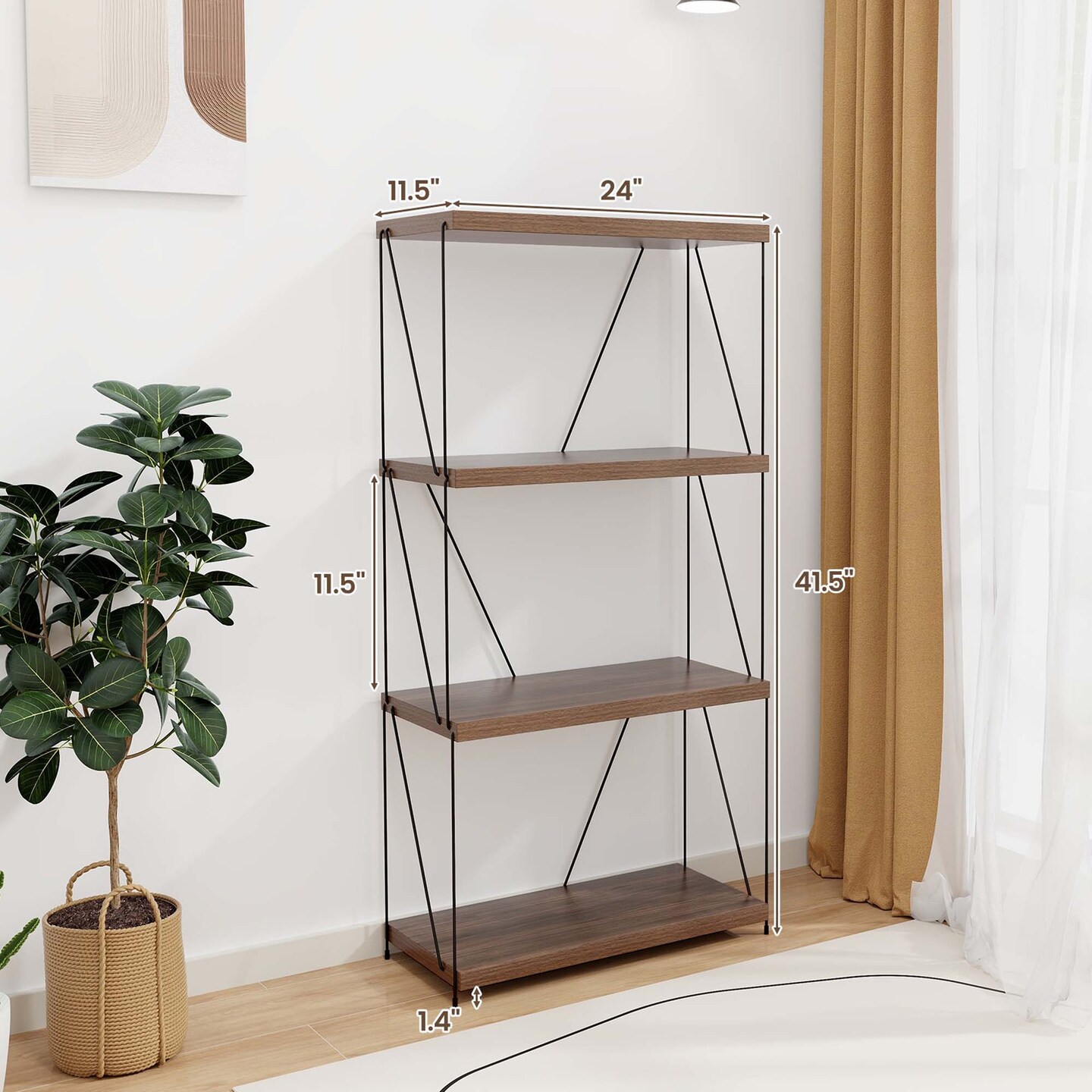 Costway 1/2 PCS 4-Tier Multipurpose Display Rack Freestanding Bookcase with Metal Frame Walnut