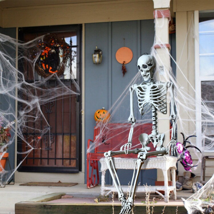 5.4 Feet Life-Size White Poseable Halloween Skeleton with Hanging Rope for Outdoor Decor