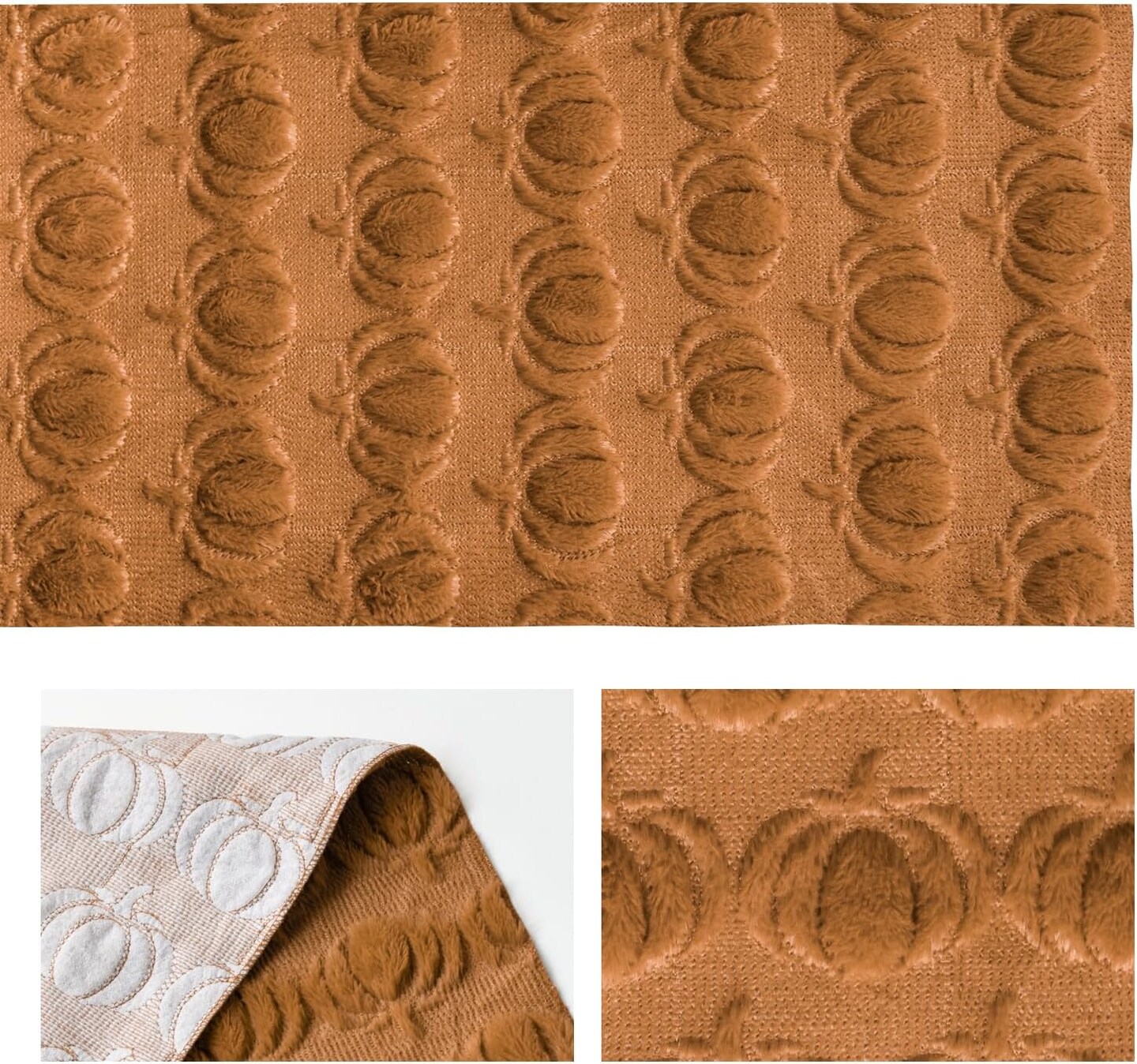 Caramel Soft Plush Faux Fur Jacquard Pumpkins Fall Table Runner,13x72 Inch
