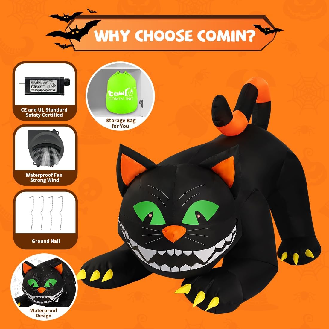 GOOSH 6 FT Halloween Inflatables Black Cat Blow Up Yard Large Cat with Moving Head and Built-in LEDs