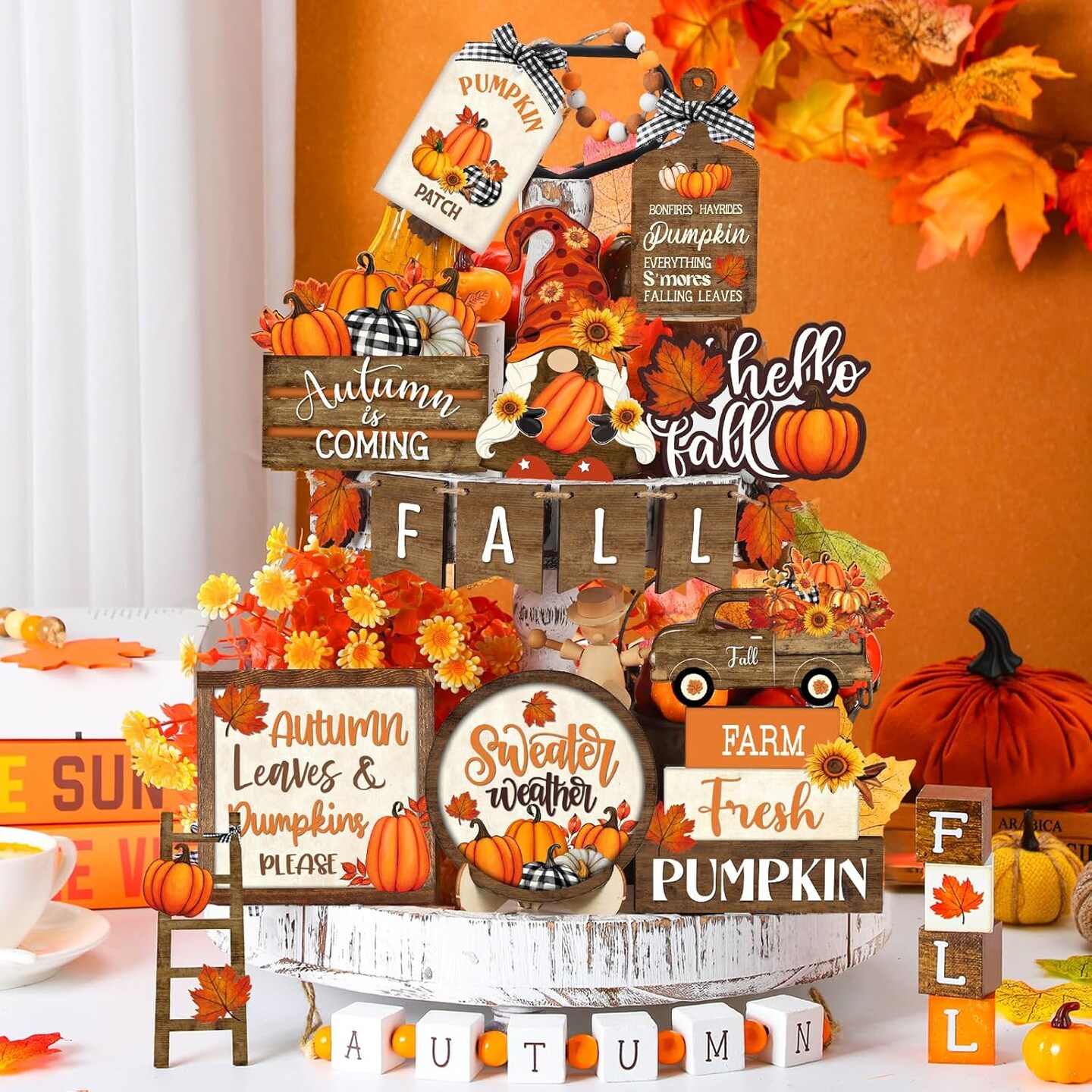 21 Pcs Fall Thanksgiving Tiered Tray Decor Set Pumpkin Gnome(Vintage)