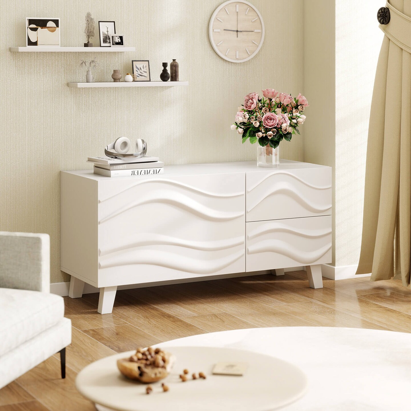 Costway 38&#x22; TV Stand for 44-Inch TV with DrawersEngraved Media Console Cabinet White