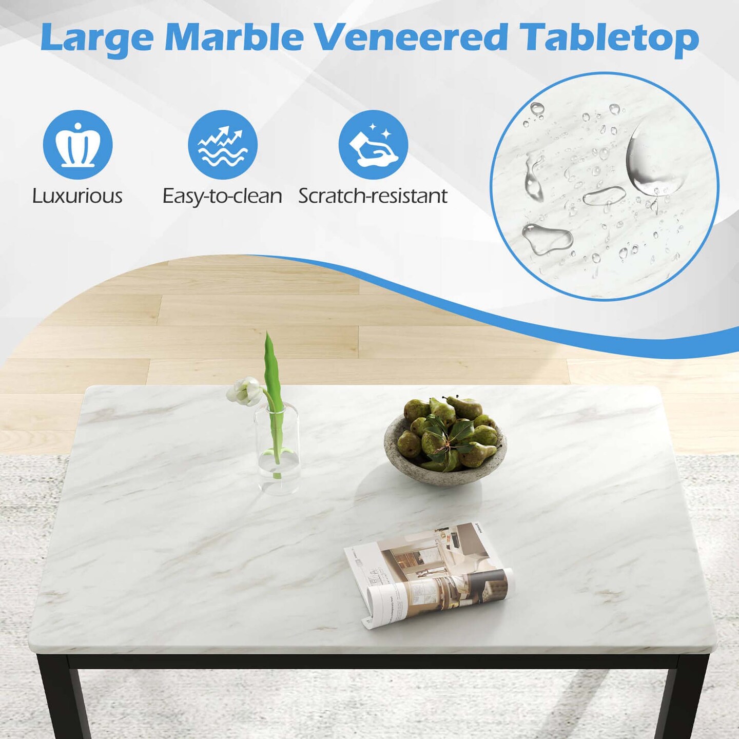 Costway Dining Table 45" Rectangular Mid Century Kitchen Table with Faux Marble Tabletop