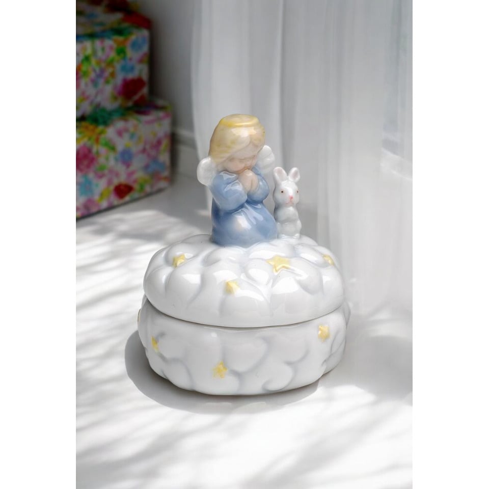 Ceramic Praying Angel With Rabbit Keepsake Box 3In