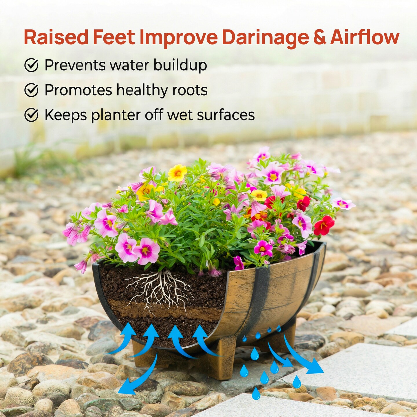 Rustic Wood- Look Plastic Half Barrel Flower Pot Garden Planter, Pack of 2