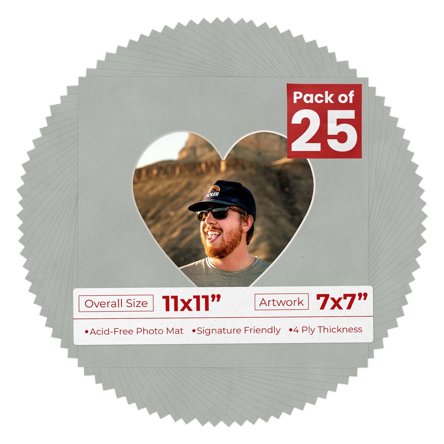 Light Grey Suede Mat Board for 11x11 Frames - Heart Opening for 7x7 Photos