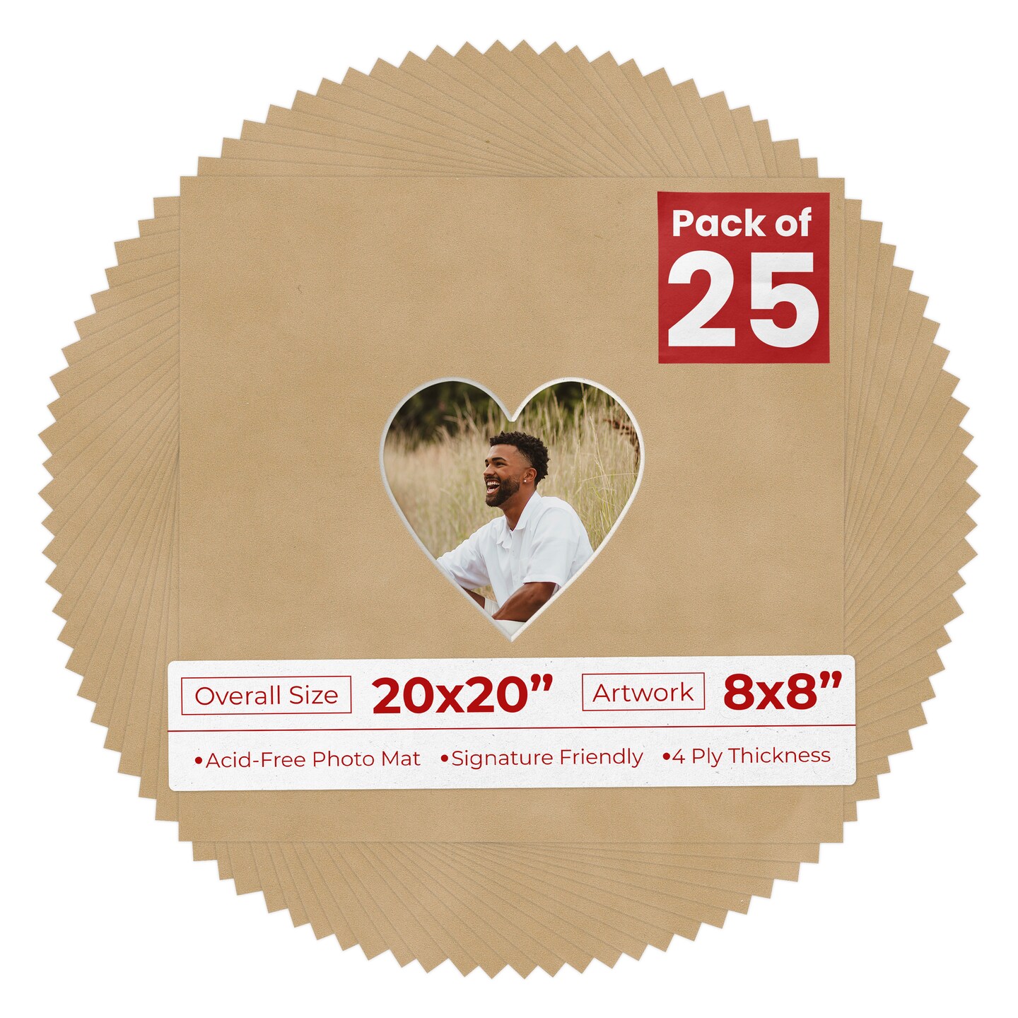 Beige Suede Mat Board for 20x20 Frames - Heart Opening for 8x8 Photos