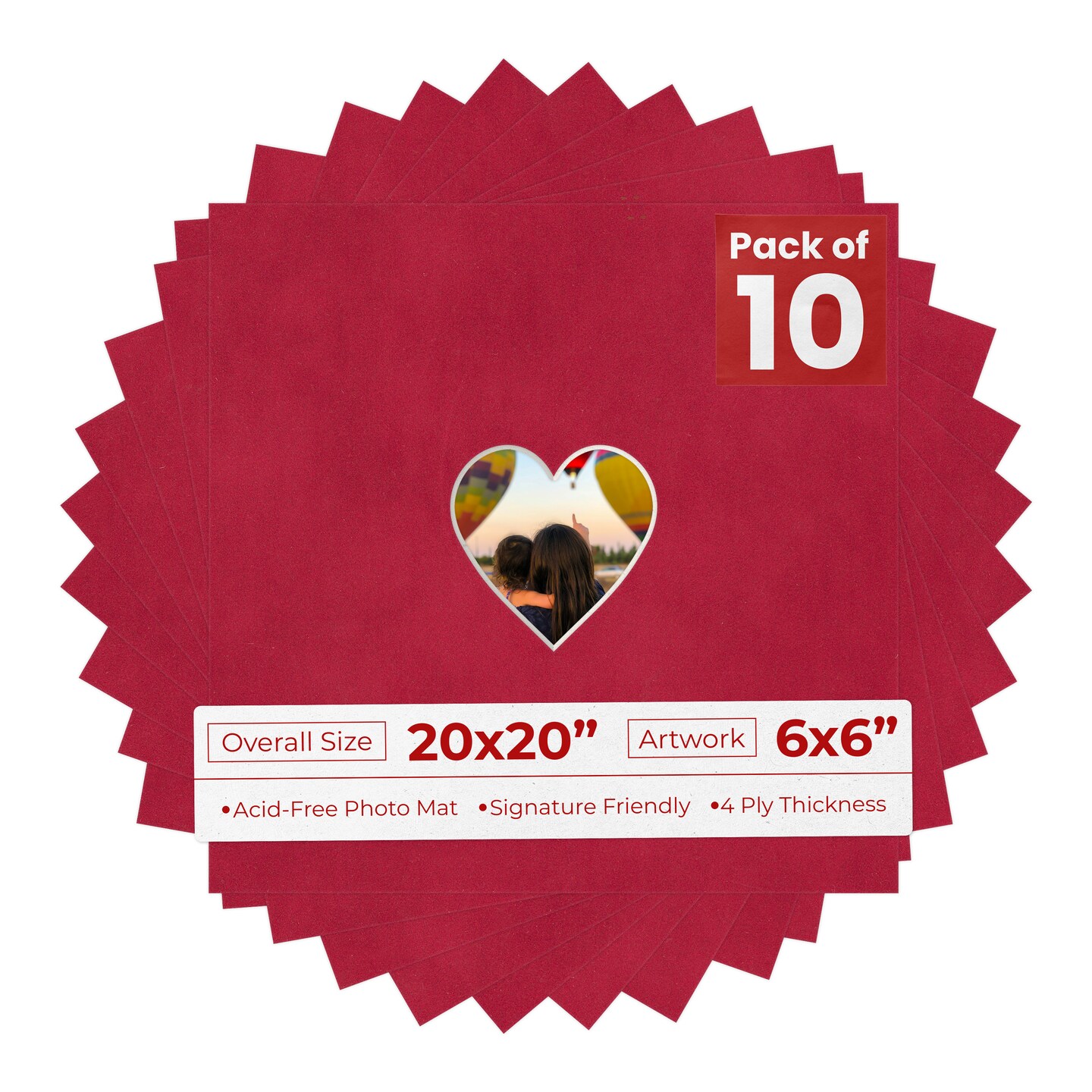 Red Suede Mat Board for 20x20 Frames - Heart Opening for 6x6 Photos