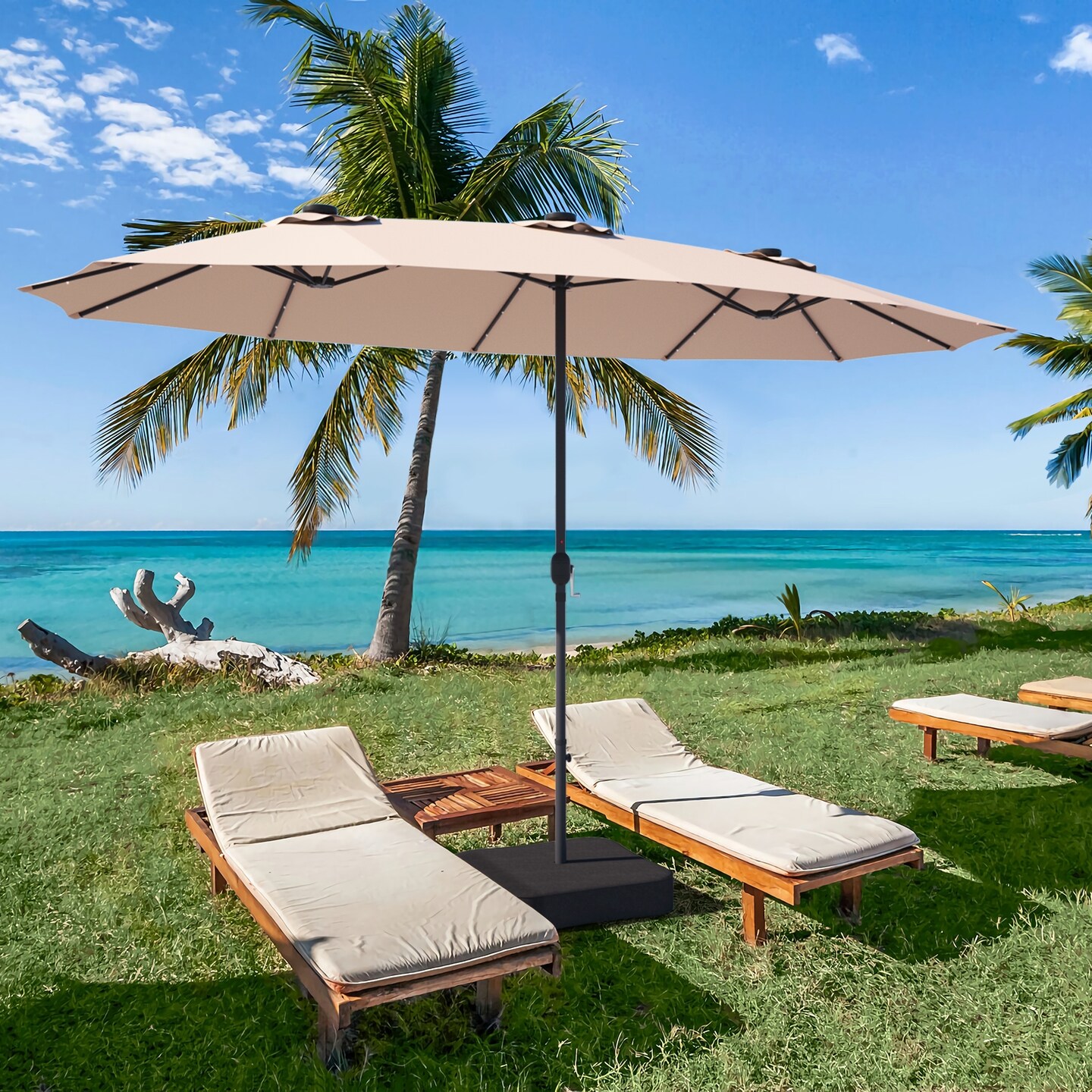 Double-Sided Patio Umbrella Solar LED 36 Lights Steel Pole Polyester Outdoor