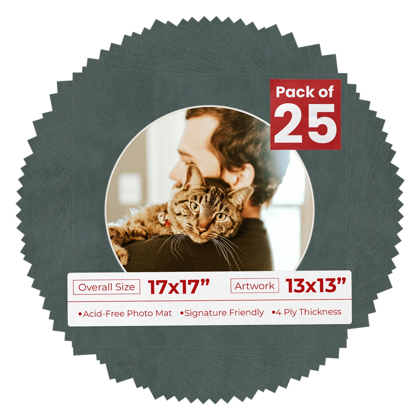 Dark Grey Suede Mat Board for 17x17 Frames - Circle Opening for 13x13 Photos