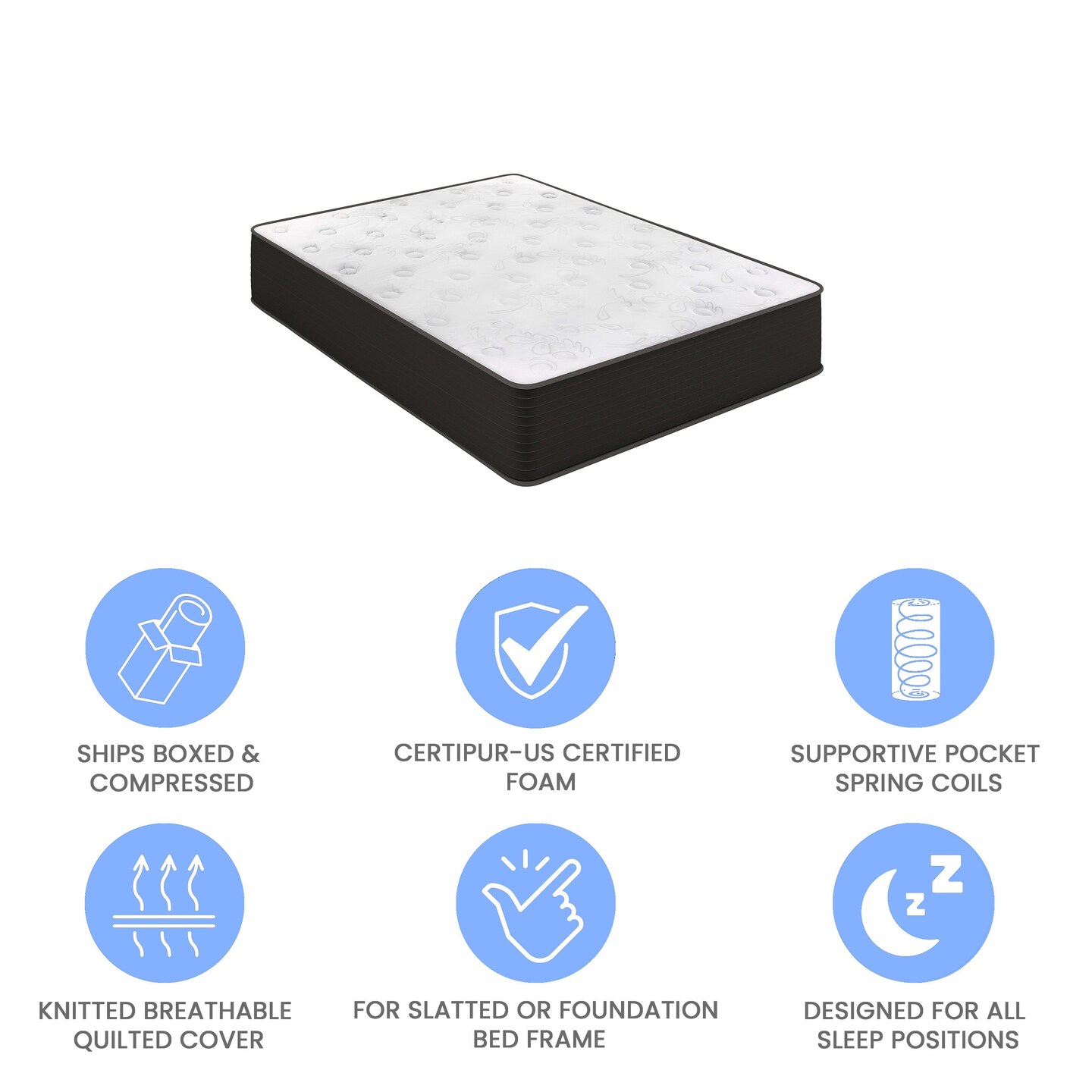 Emma and Oliver Drift 12 Inch Hybrid Mattress, High Density Cooling Foam and Pocket Spring Mattress in a Box, CertiPur-US Certified Foam, White/Black