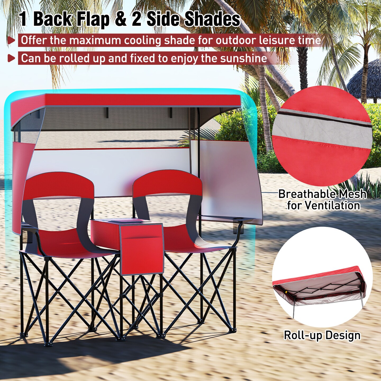 600D Oxford Metal Double Beach Chair with Sunshade and Cooler