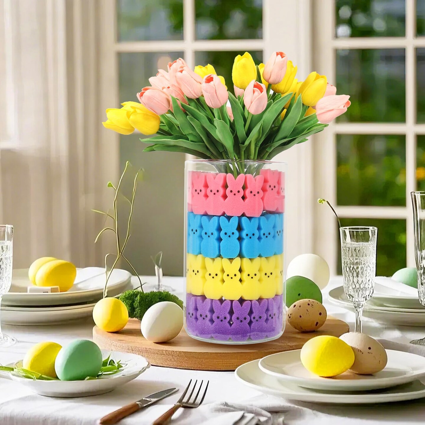 Lettry Easter Decorations, 64pcs Cute Sponge Bunnies Vase Filler, Spring Indoor Decor for Tiered Tray and Table Decorations