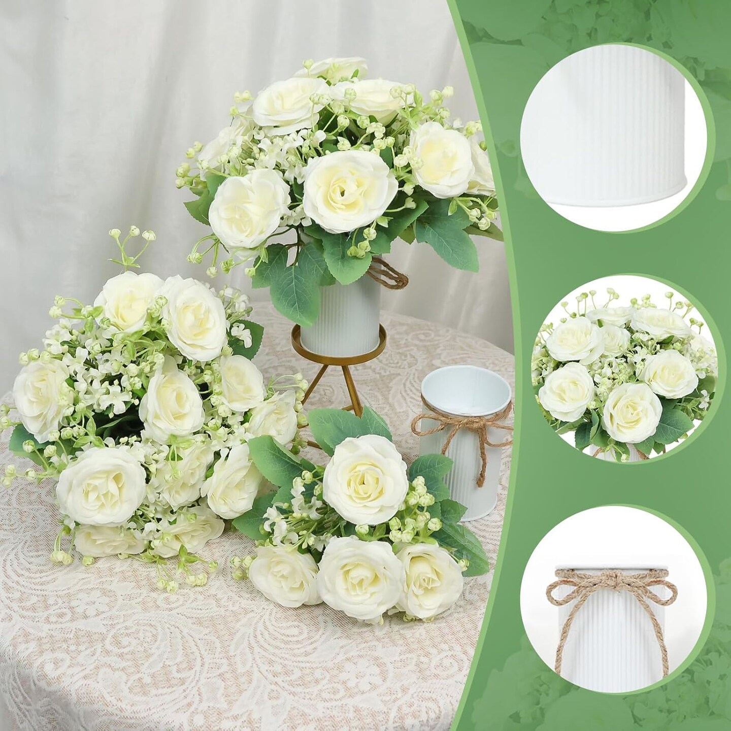 Wedding Table Centerpiece Set of 3 – Small Artificial Floral Arrangements with 6 Silk Rose Bouquets & 3 Metal Pot Silk Flower Vases for Wedding Party, Home, Kitchen, Bathroom Décor – Ivory