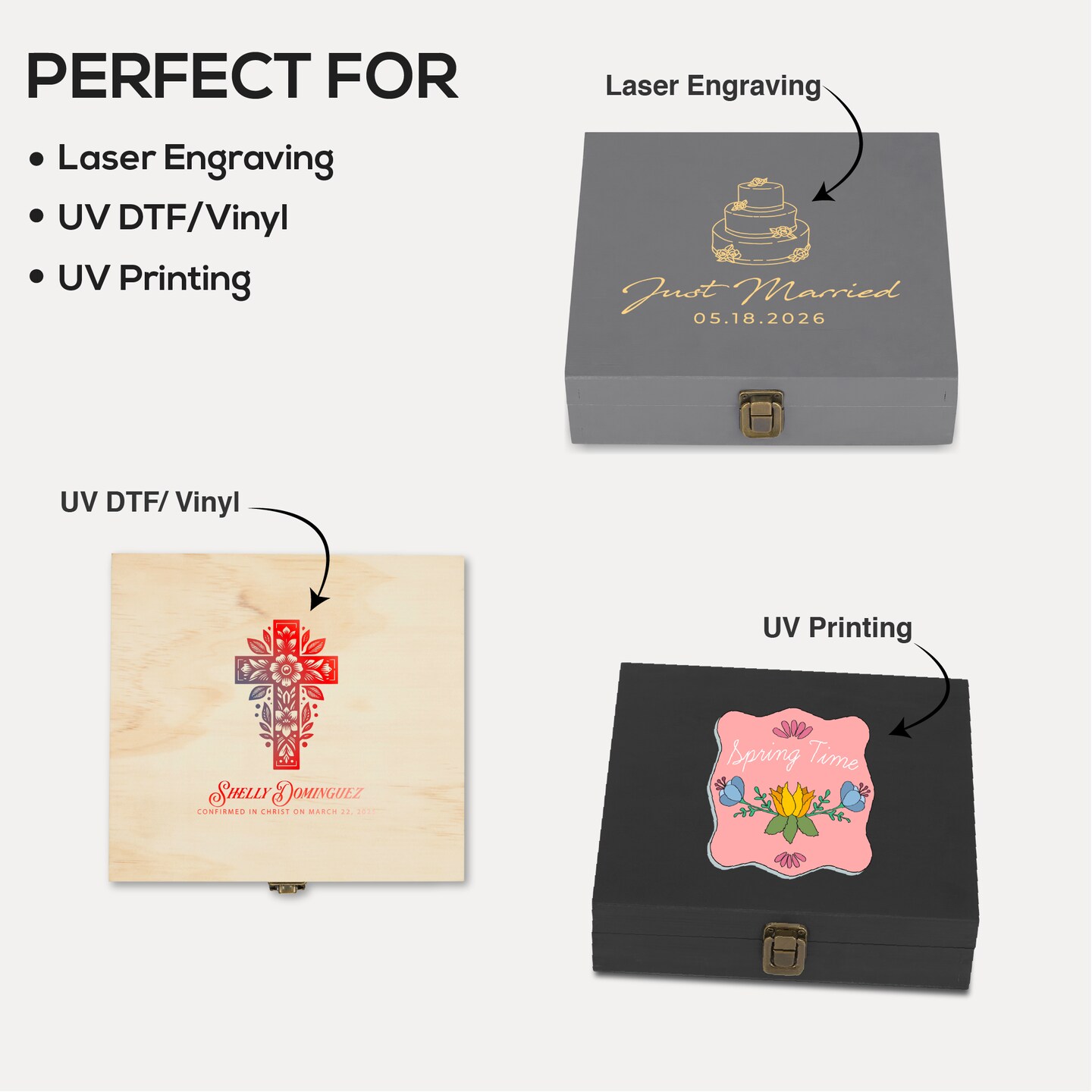 Makerflo Natural Pine Wood Cigar Box, Hinged Back & Front Clasp, Black Felt Lined, 8.5" x 8" x 2.4", Ideal for Craft - (Laser Engraving, Epoxy, UV DTF, and Vinyl)