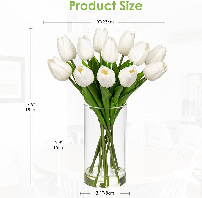 12 Pcs Artificial Real Touch Tulips in Glass Vase with Faux Water, White Tulip Fake Flower Arrangement for Dining Table, Home Decor, Wedding & Event Centerpieces