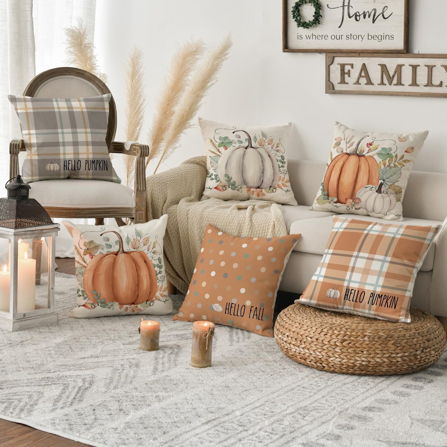 Set of 4 - Hello Fall Hello Pumpkin Throw Pillow Covers, 20 x 20 Inch