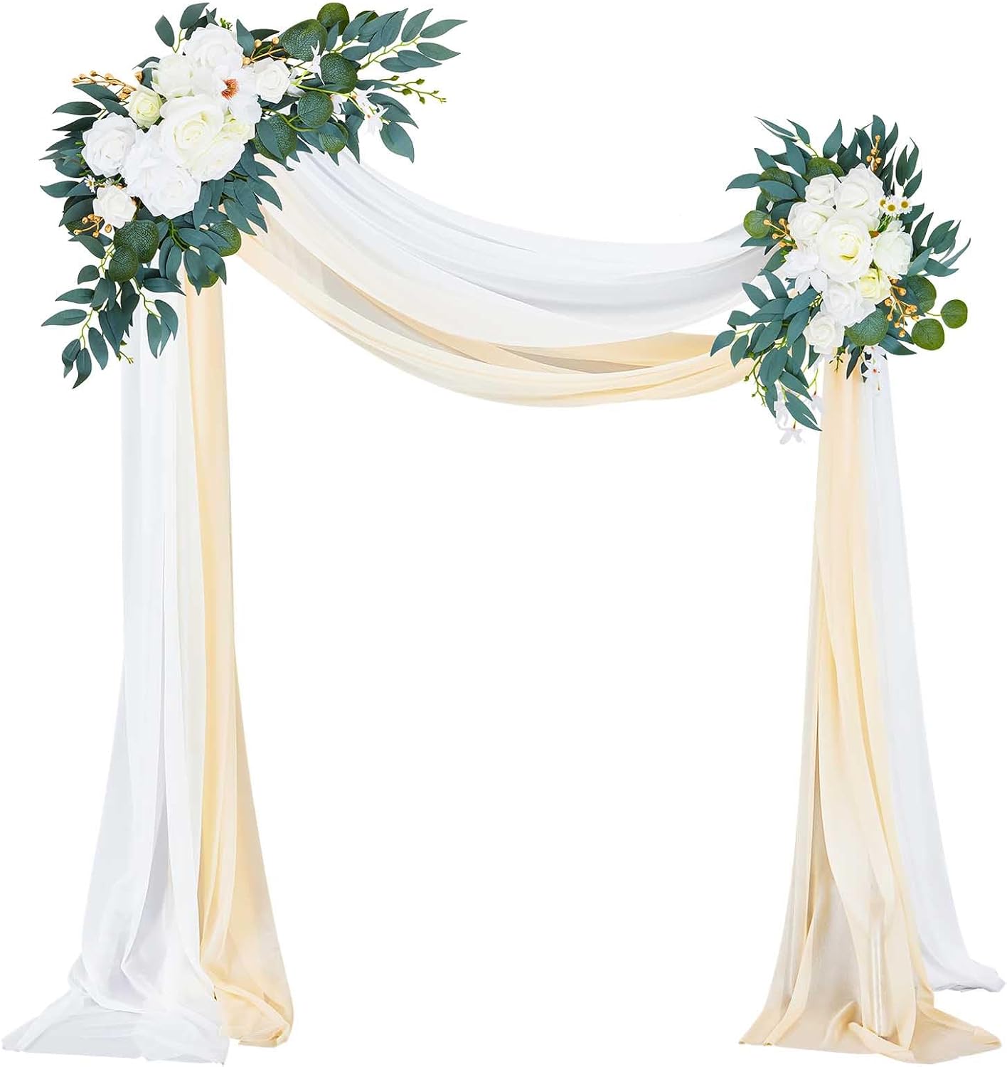 4 Pcs Wedding Arch Flowers and Drape Kit Include 2 Artificial Floral Swag and 2 White Chiffon Drapes