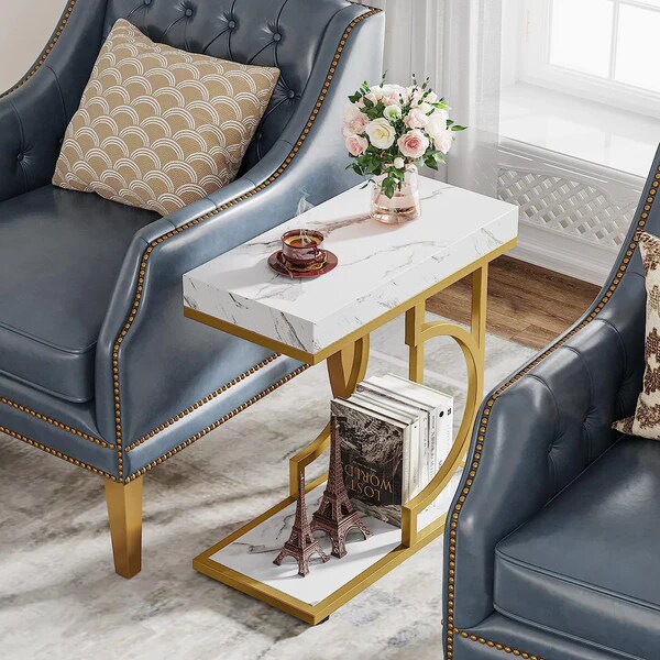 Modern C Shape End Table Faux Marble Side Table Gold Metal Frame