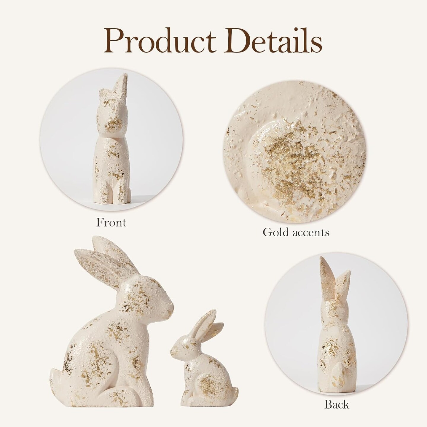 Set of 2 White & Gold Easter Bunny Figurines – Wabi Sabi Pressed Wood Rabbit Statues for Spring Tabletop, Farmhouse Shelf & Mantel Décor