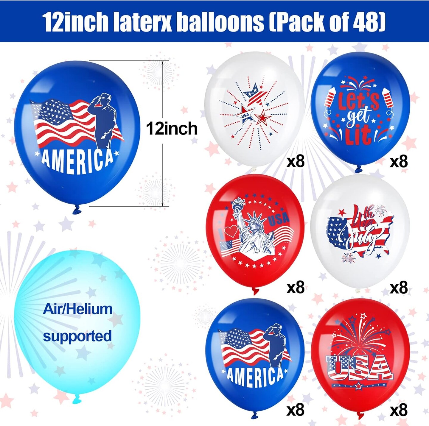 48-Piece 4th of July Patriotic Balloons – Red, White & Blue American Flag Party Decorations for Independence Day, Memorial Day & Patriotic Events
