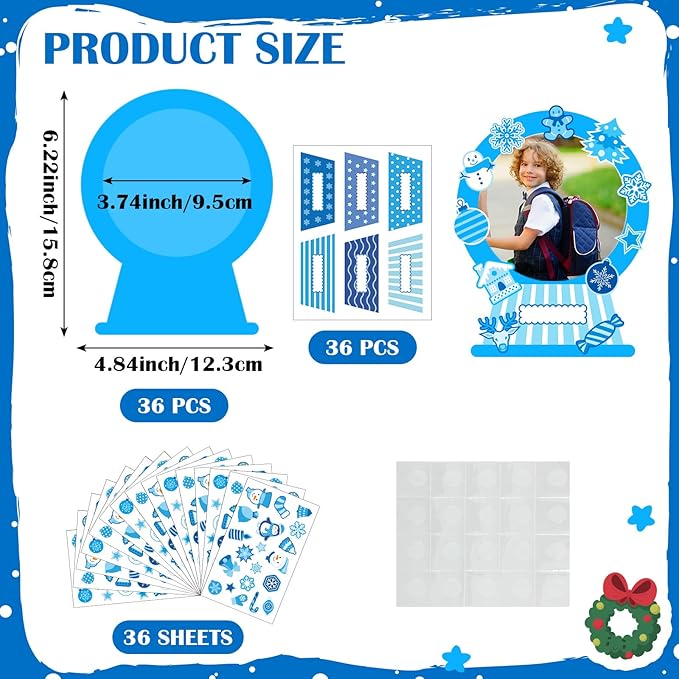 36 Set Snow Picture Frame Craft for Kids Christmas Winter DIY Photo Frames Snow Globe DIY Snowman Snowflake Crafts for Winter Christmas Classroom Toddler Holiday Party Activities