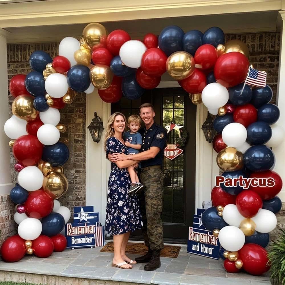 Latex Balloons Red, White & Blue Double Stuffed Balloon Arch Kit – Navy Blue, Ruby Red & Gold Garland for 4th of July, Birthday, Graduation, Veterans Day & Patriotic Parties