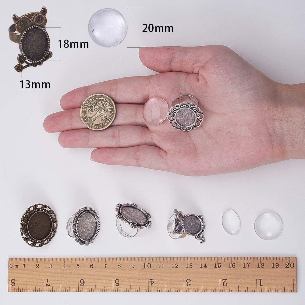 24pcs Mixed Adjustable Ring Blanks Cabochon Jewelry Making Kit Finger Ring Settings Clear Glass Cabochons Oval Round for Jewelry Making Adult Crafting, Antique Silver Bronze