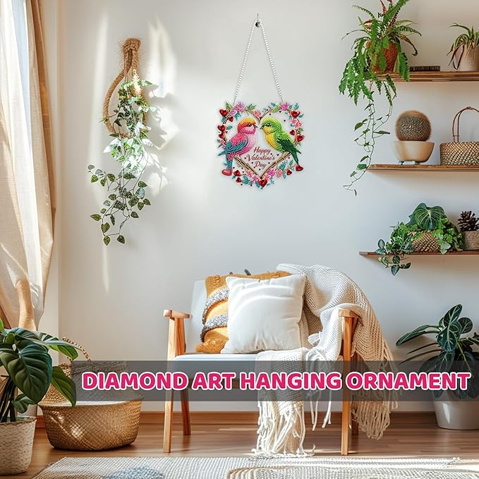 Valentine's Day Diamond Art Hanging Kits for Adult, A Pair of Birds Diamond Painting Hanging Kits Ornaments, DIY Special Shaped Rhinestone Window Pendants kit for Home Garden Wall Decor Gift