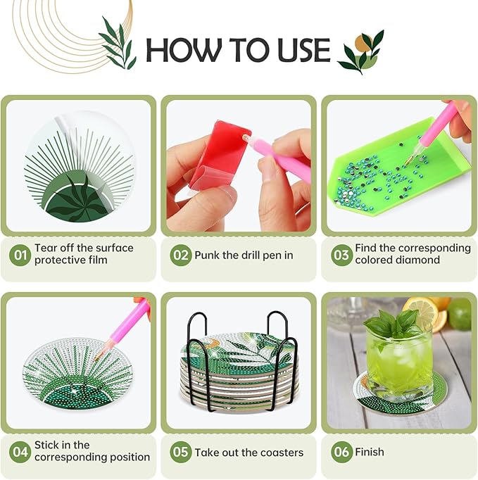 Boho Diamond Art Coasters - 8 Pcs DIY Green Plant Diamond Painting Coasters Kits with Holder for Drinks Coffee Aesthetic Gem Art Crafts Supplies Birthday Easter Gift for Beginners Adults