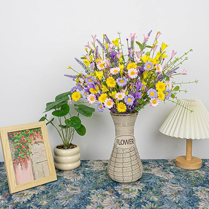 Artificial Spring Flowers 12 Pack Floral Picks 17” Flower Stems with Forsythia and Green Leaves for Spring Summer Flower Arrangements Centerpieces Indoor Outdoor Decorations
