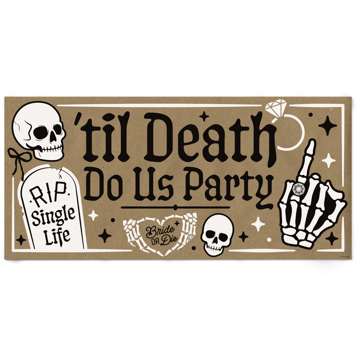 Big Dot of Happiness Til Death Do Us Party Kraft Paper Banner, Bride or Die Goth Bridal and Bachelorette Party Banner, Printed Brown Paper – 1 Count