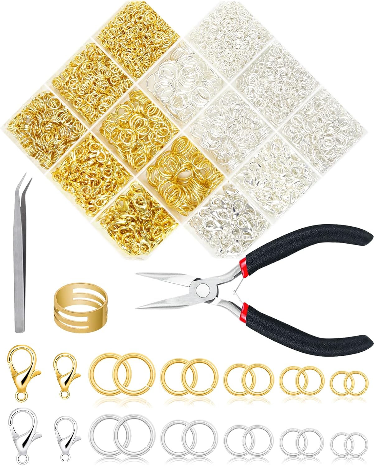 2400PCS Jewelry Jump Rings Kit – Gold & Silver Jump Rings, Lobster Clasps, Pliers, Tweezers & Opener for DIY Necklace, Bracelet, Earring Making & Jewelry Repair
