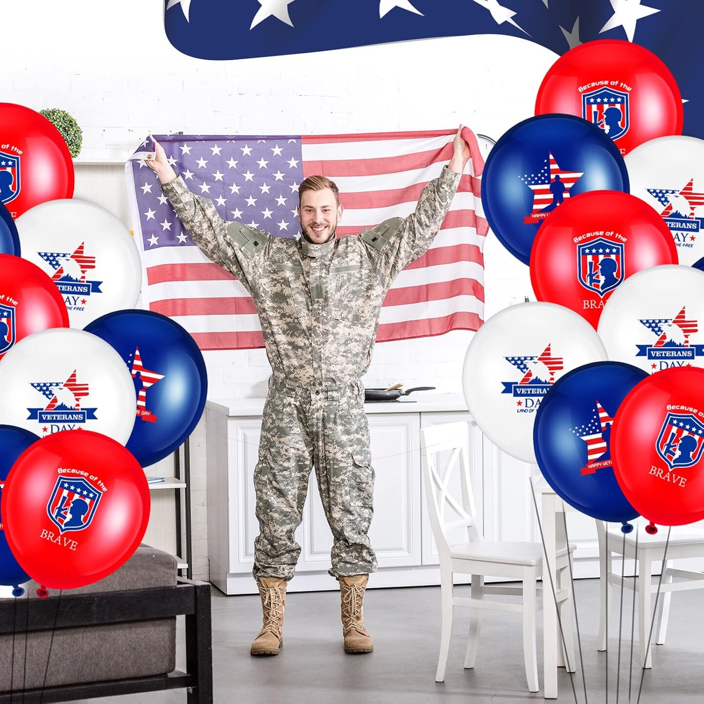 Latex Balloons 60PCS Red, White & Blue Veterans Balloons – American Flag & “Happy Day” Printed Party Supplies for Memorial Day, Patriotic Celebrations & USA Parties