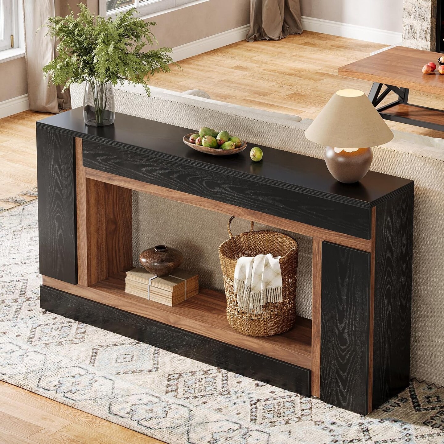 Farmhouse Console Table 2 Tier Entryway Sofa Table Narrow Storage Black Walnut