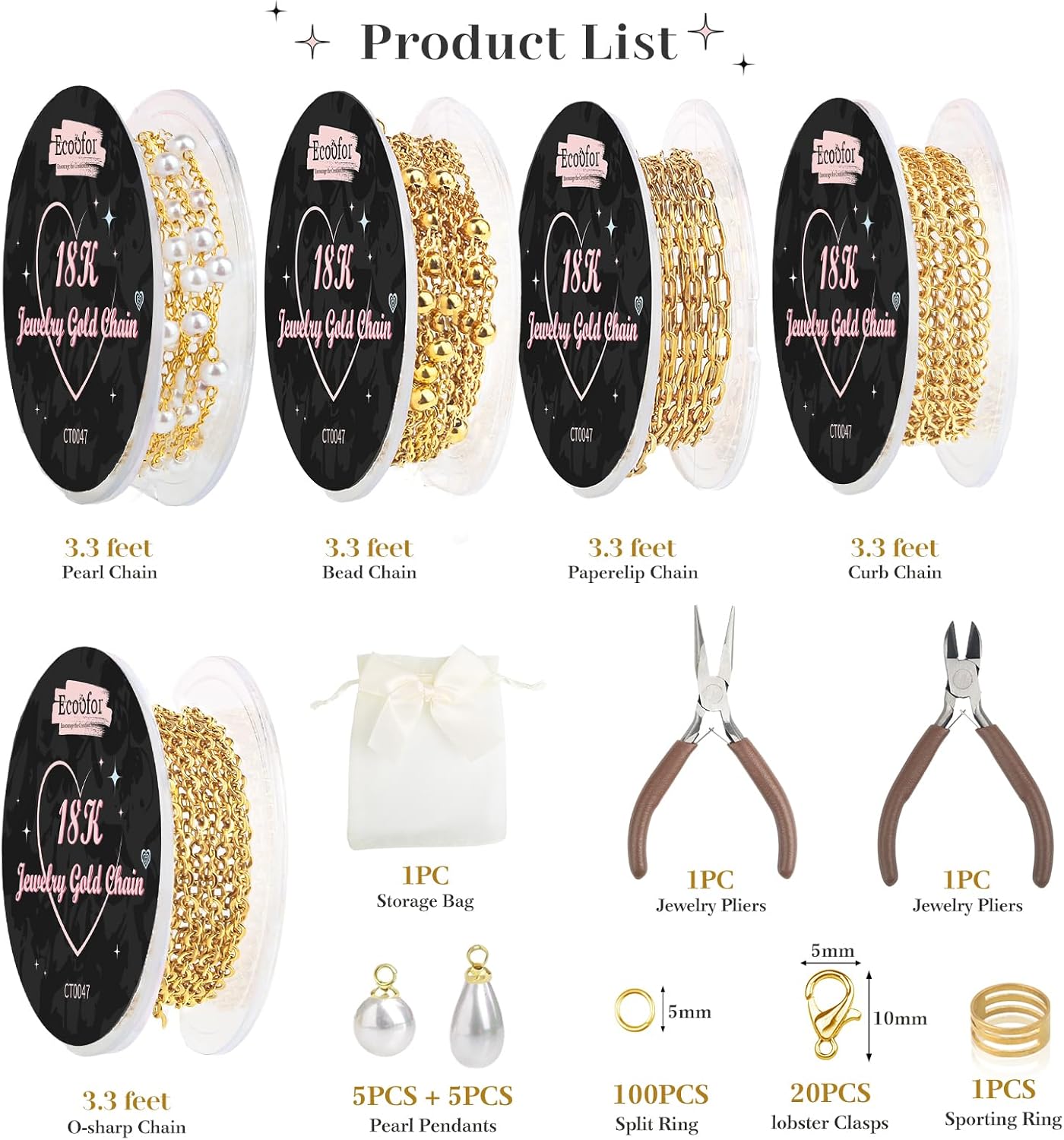 18K Gold Jewelry Making Kit with Gift Box – 16.6ft DIY Necklace & Bracelet Chains with 136 Pendants, Jump Rings, Lobster Clasps & Jewelry Pliers | Charm Making Kit for Adults