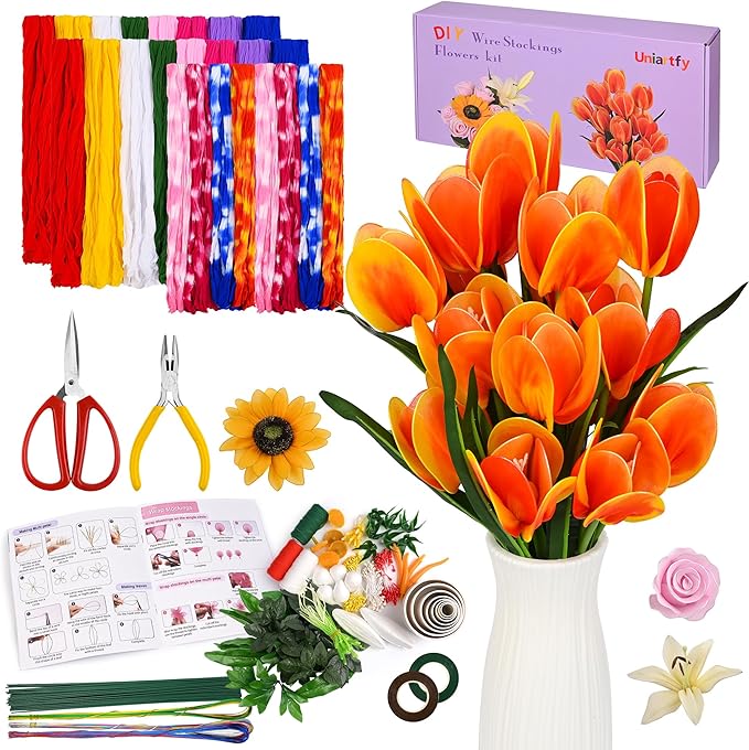 621PCS Nylon Stocking Flower Making Kit, Mixed Colors Nylon Stocking Fabric with Complete Materail, Tools and Step-by-Step Video for DIY Silk Flowers Arts and Crafts for Home Wedding Party Decoration