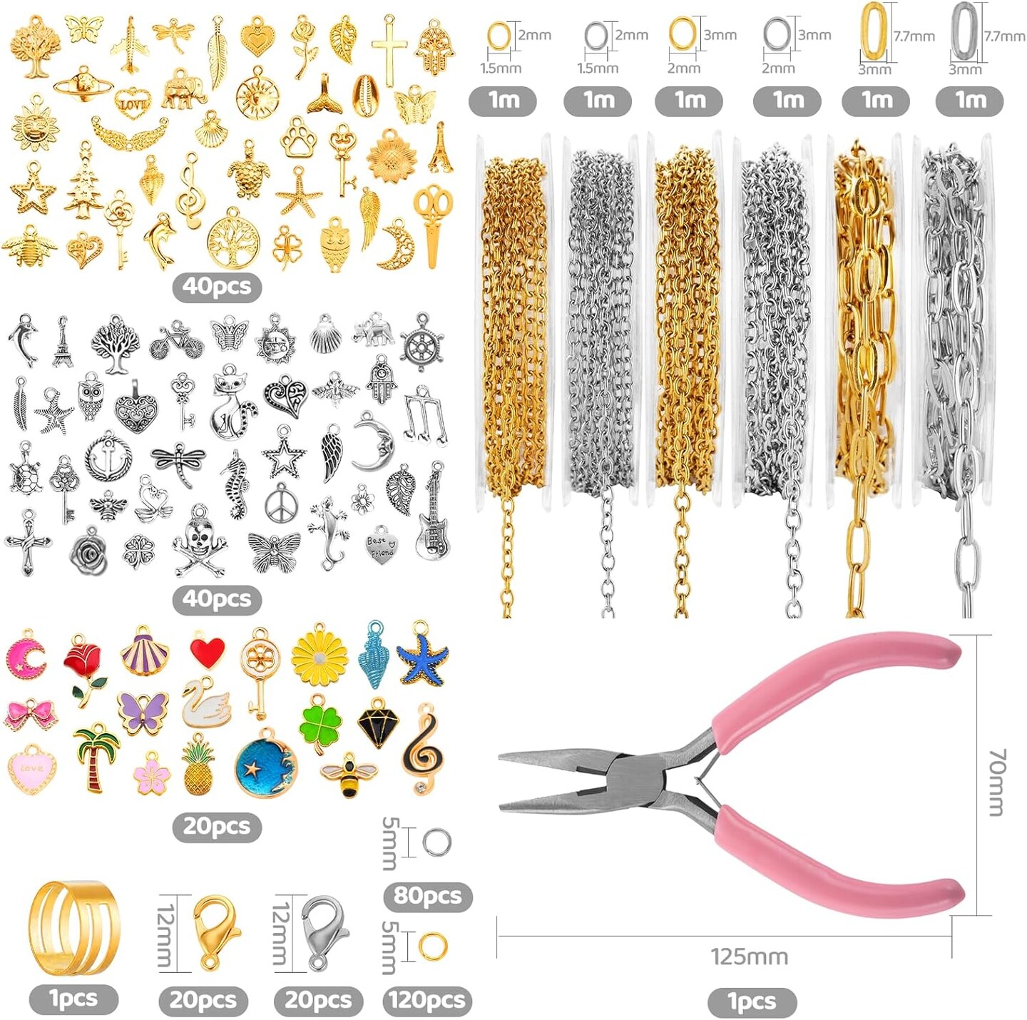 18K Gold-Plated Stainless Steel Jewelry Chain Kit – 6 Rolls (19.7ft Total) with 348 Charms, Jump Rings & Lobster Clasps | DIY Necklace & Bracelet Making Set