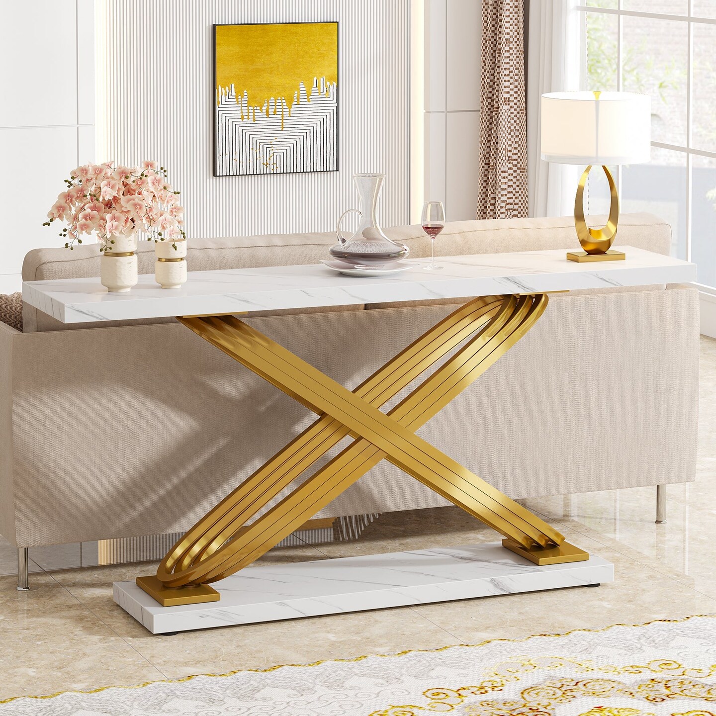 55" Entryway Console Table with Faux Marble Surface Modern Style