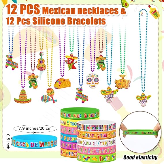 48 Pcs Mexican Fiesta Party Favors Set 12 Cinco De Mayo Sombrero Hats 12 Maracas Necklaces Bracelets for Birthday