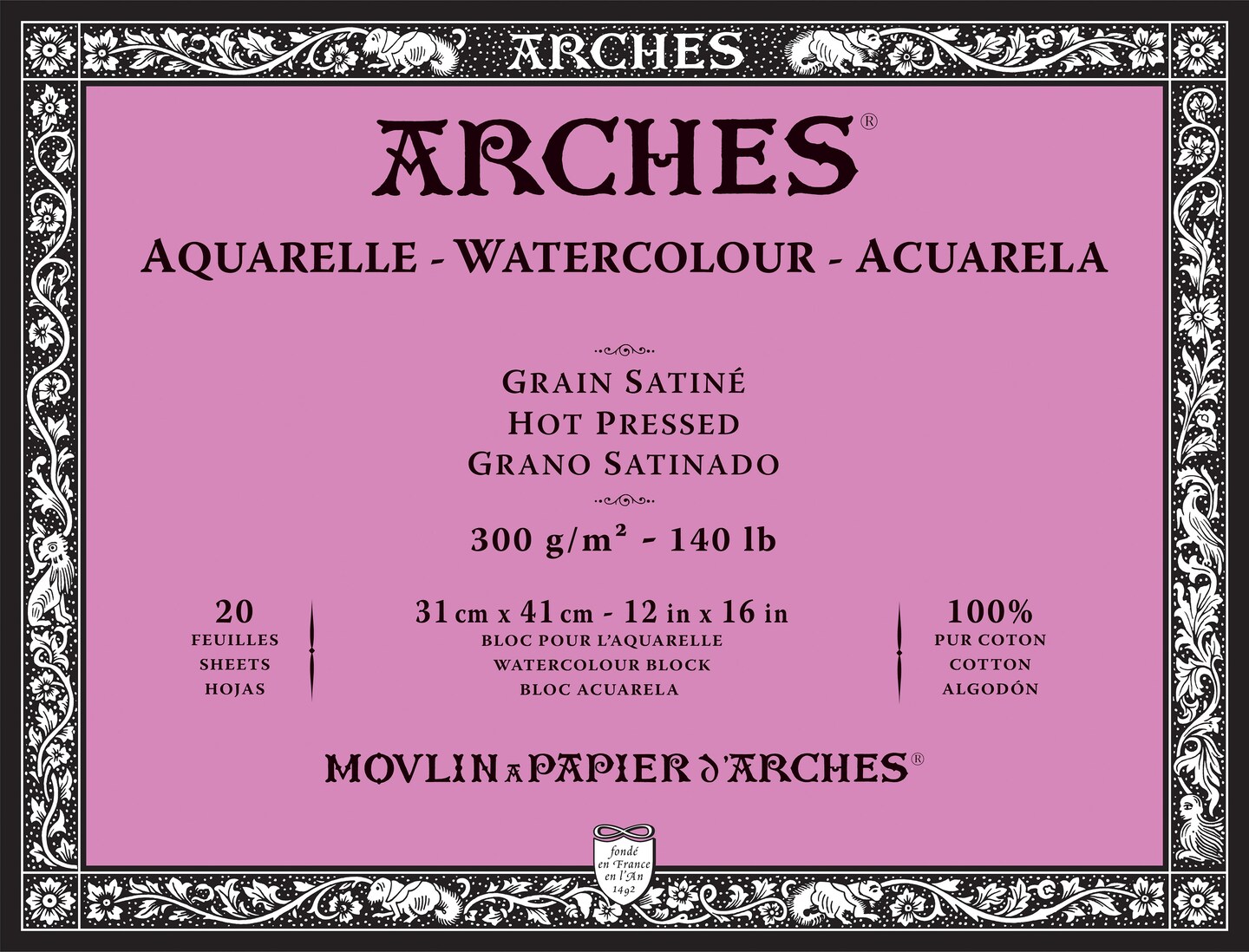 Arches Aquarelle Hot Pressed Watercolor Block 12"X16"- 140lb, 20 Sheets