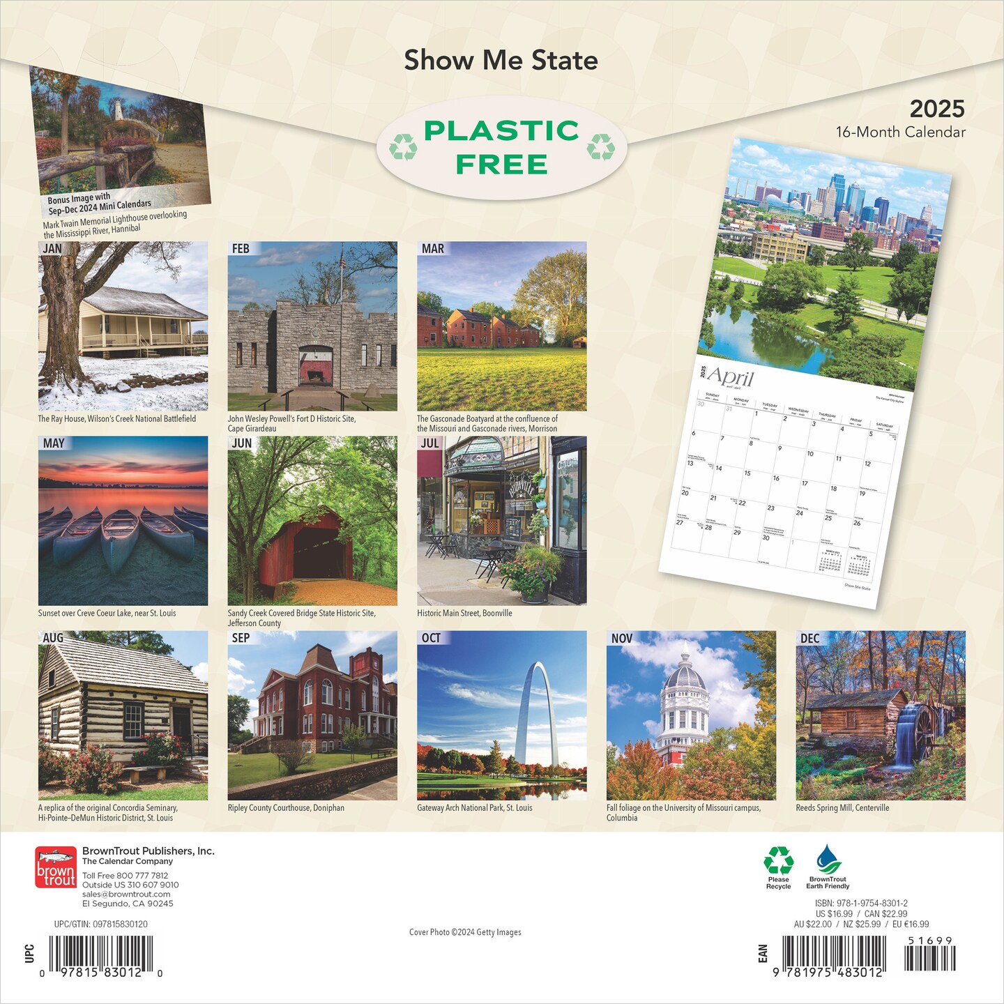 Show Me State | Missouri Places | 2025 12 x 24 Inch Monthly Square Wall Calendar | Plastic-Free | BrownTrout | USA United States of America Midwest State Nature