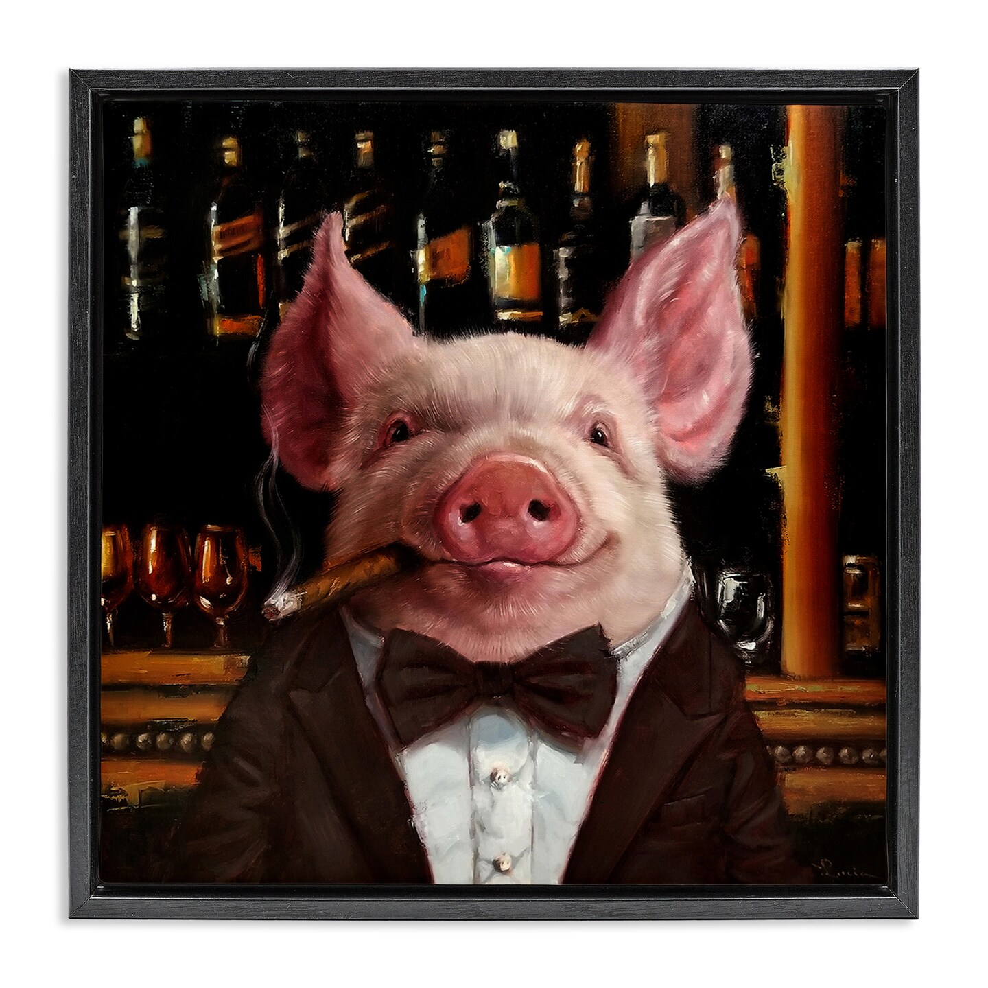 Stupell Industries Classy Pig at Cigar Bar Framed Floater Canvas Wall Art