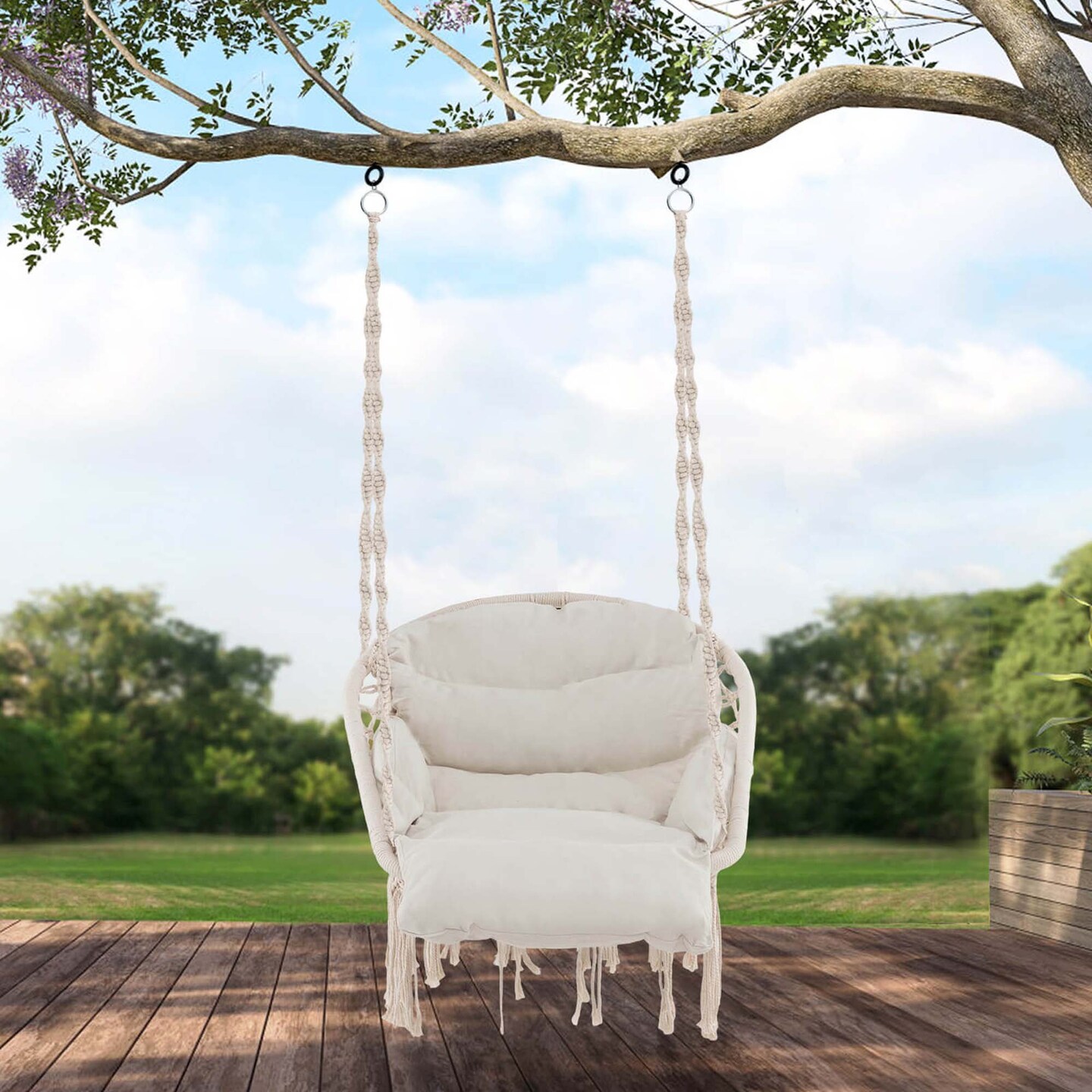 Costway Macrame Hammock Chair with Oversized Padded Cushion Hand-woven Knots and Tassels