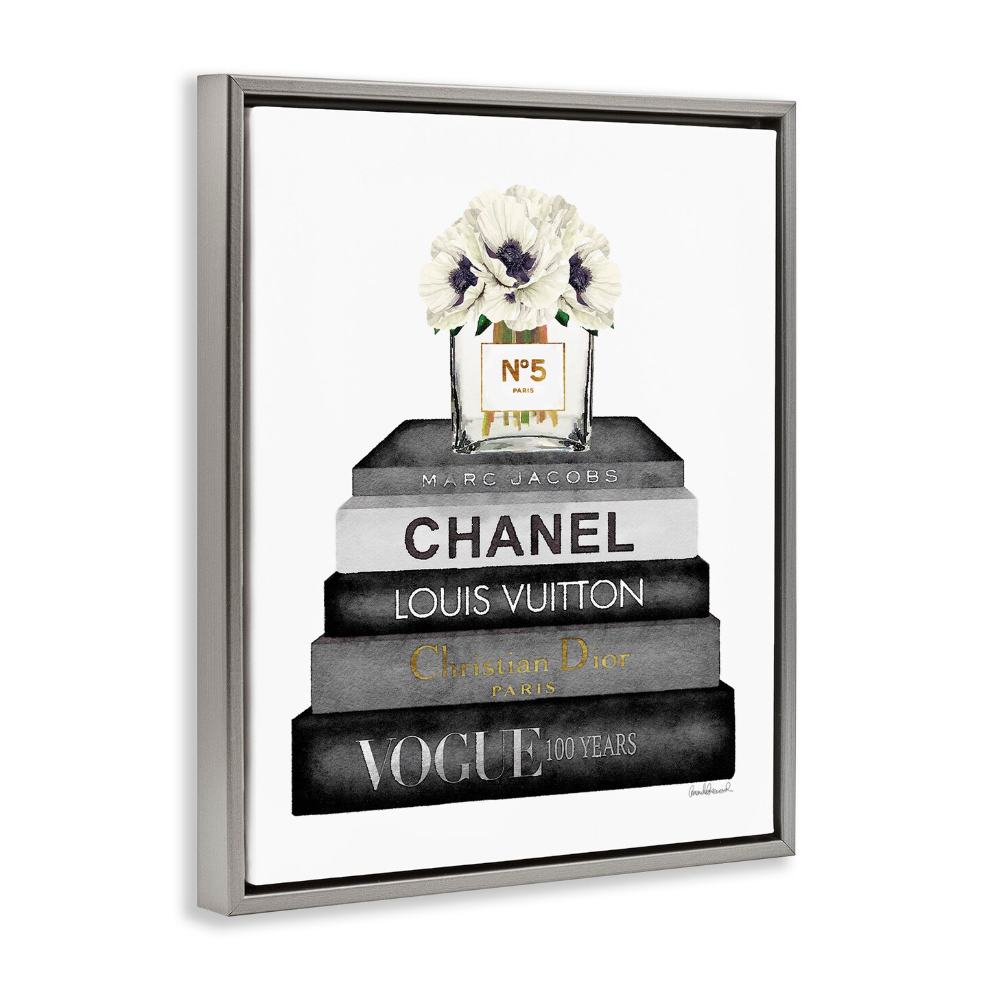Stupell Industries Monochrome Fashion Designer Bookstack Framed Floater Canvas Wall Art