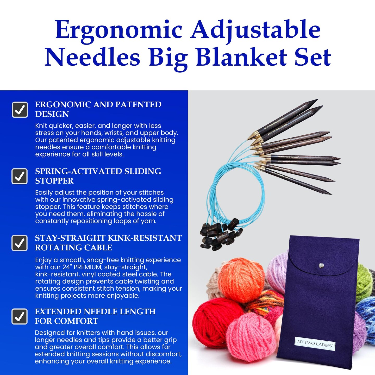 My Two Ladies | Blue Silk | Big Blanket Set | Adjustable Knitting Needles | 4 SIZES | US13, US15, US17, US19 | w/custom case