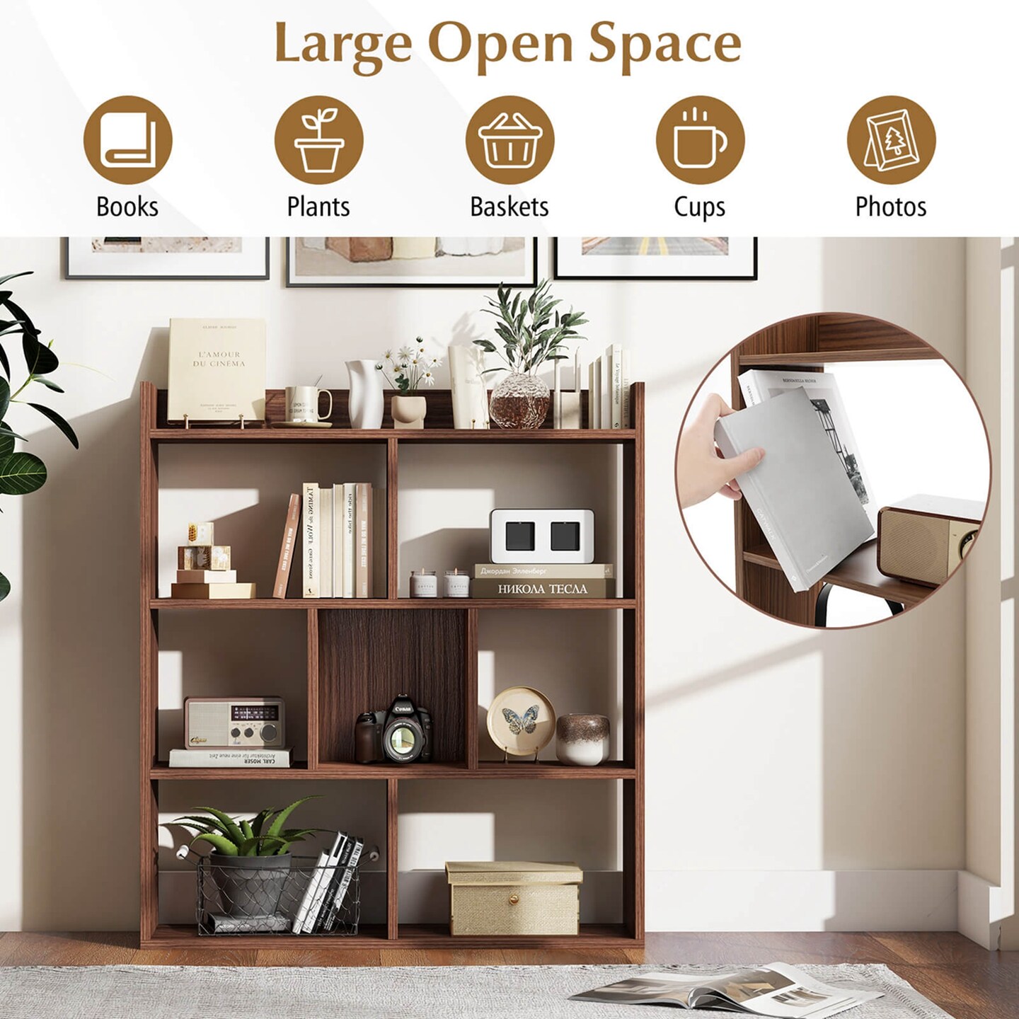 Costway 1/2 PCS 7-cube Bookcase Open Storage Shelf with Anti-tipping Kits for Living Room Walnut