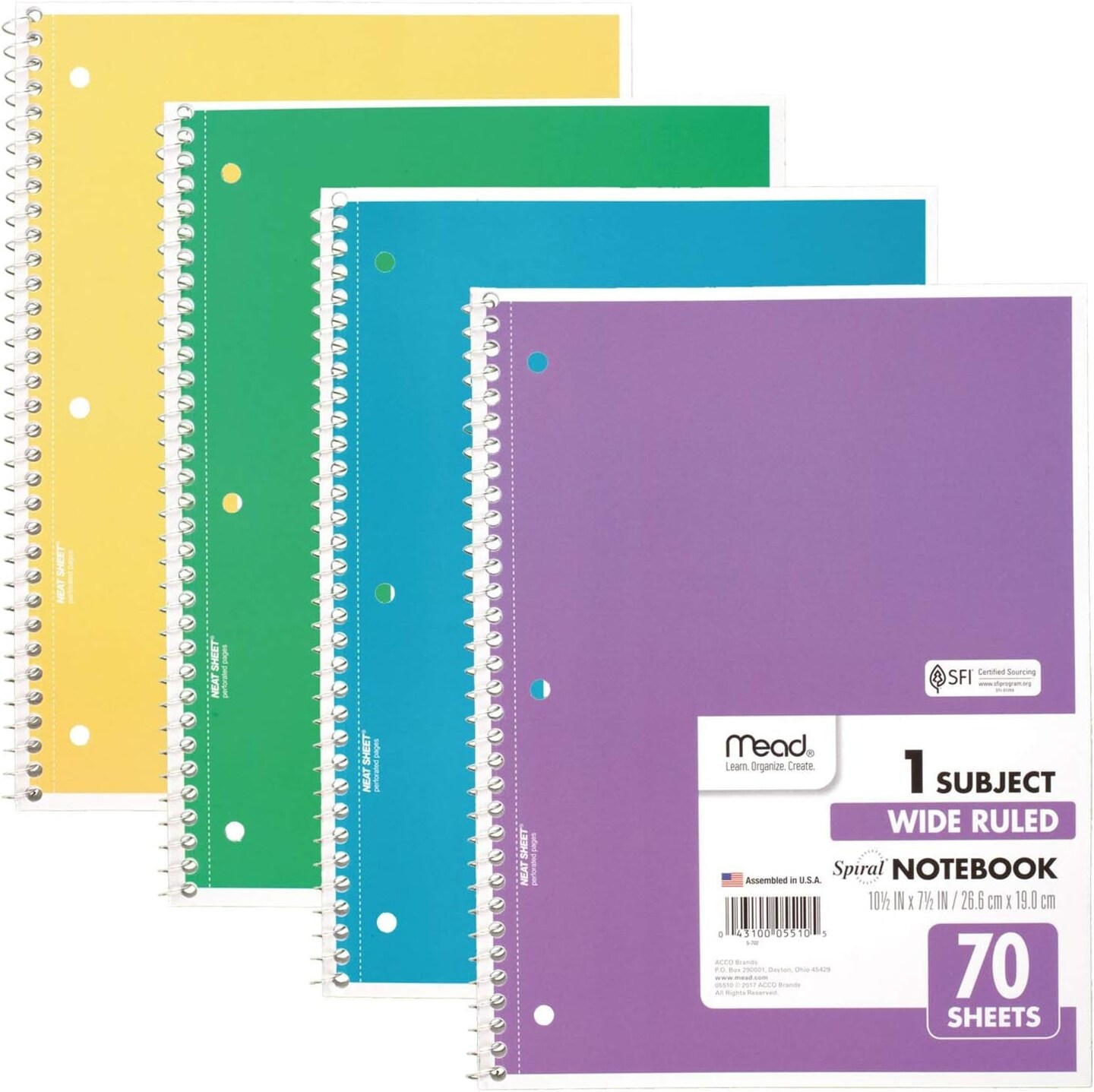 Spiral Notebook, 4 Pack, 1-Subject, Wide Ruled Paper, 7-1/2&#x22; X 10-1/2&#x22;, 70 Sheets per Notebook, Colors Will Vary (72873)