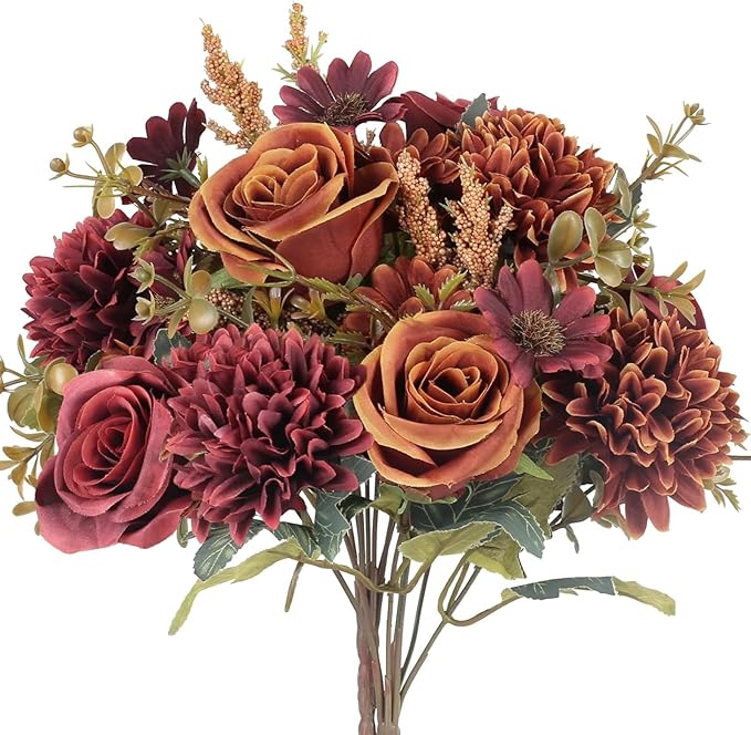 2 Bundles Artificial Fall Flowers 2 Colors Fake Roses Silk Bouquets with Hydrangea Autumn Faux Flowers Arrangements for Home Fall Wedding Table Centerpieces Party Decor (Orange and Red)